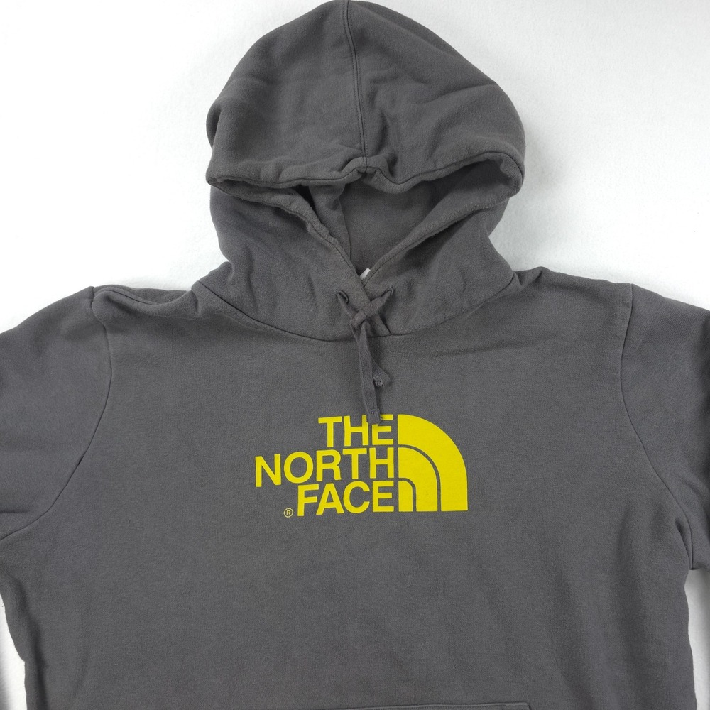 The North Face Hoodie Womens XXL Gray Yellow Logo Pullover Sweatshirt Fleece